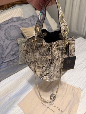 NWT House of Harlow 1960 Snake-Print Mini Bucket Bag in Taupe and Cream